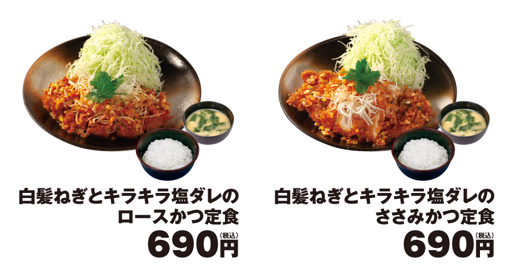 白髪ねぎとキラキラ塩ダレのロースかつ定食 690円 白髪ねぎとキラキラ塩ダレのささみかつ定食 690円